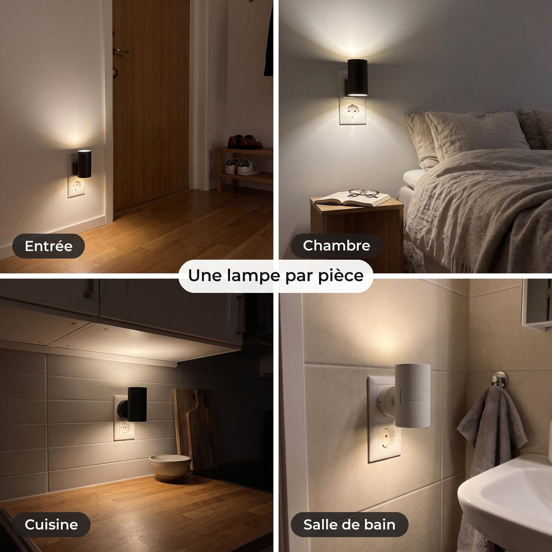 Une lampe par pièce : entrée, chambre, cuisine, salle de bain