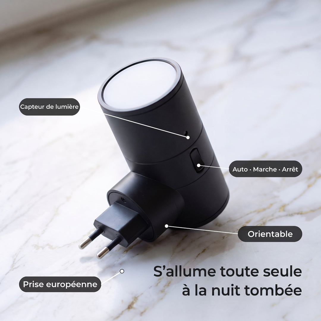 Schéma de la lampe : capteur de lumière, mode auto, prise orientable